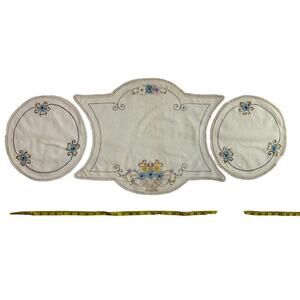 Vintage 3pc Set Embroidered Table Runner Dresser Scarf Blue Gold Floral AS IS